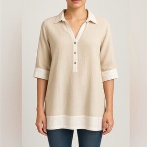 Cynthia Rowley LinenBlend Tunic TopBeige White Trim Collared Blouse womenL(A120✨